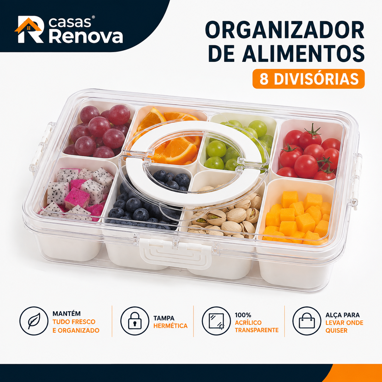 Organizador de Alimento Acrílico Com 8 Divisórias Para Frutas Legumes e Petiscos Transparente
