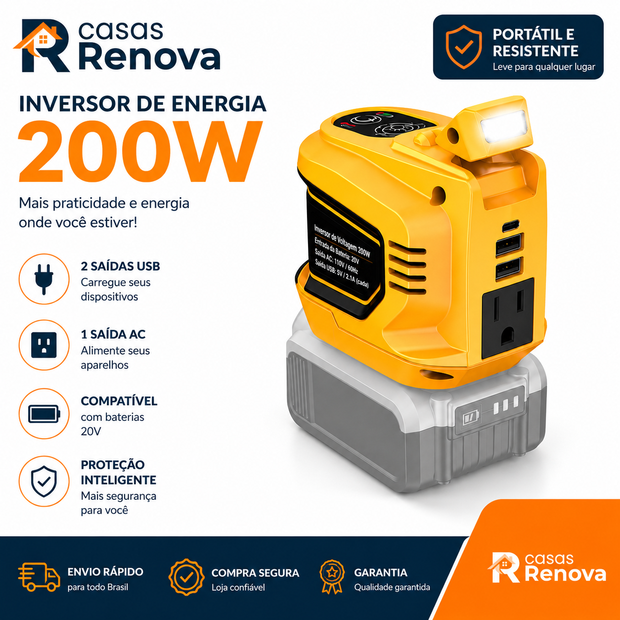 Inversor de Energia 200W para Eletrodomésticos – USB, Tipo-C e Luz LED