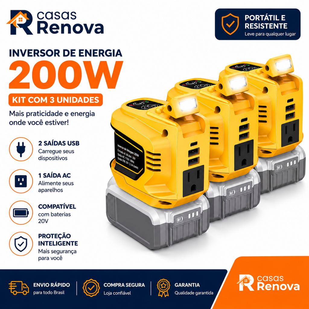 Inversor de Energia 200W para Eletrodomésticos – USB, Tipo-C e Luz LED